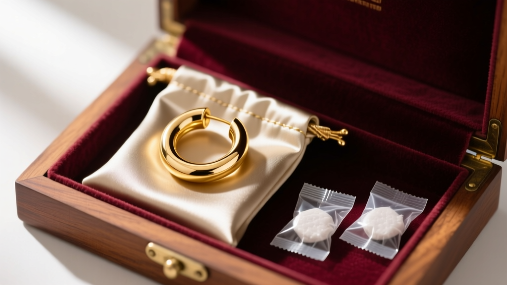 Anti-tarnish bags holding gold plated hoop earrings, stored in a velvet-lined wooden jewelry box next to small silica gel packets.