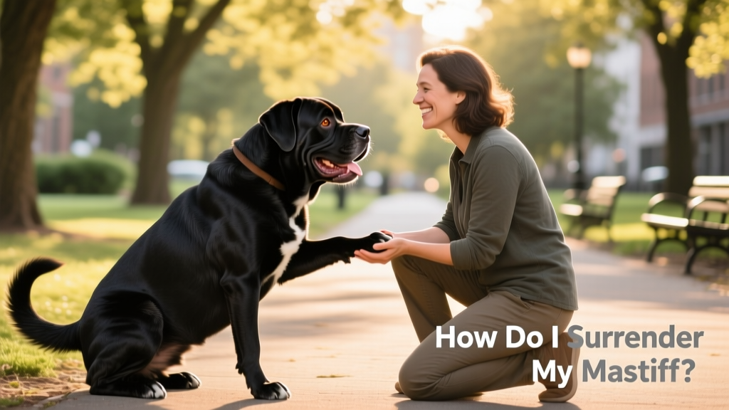 A Mastiff happily interacting with a new adopter during a supervised meet-and-greet at a quiet park