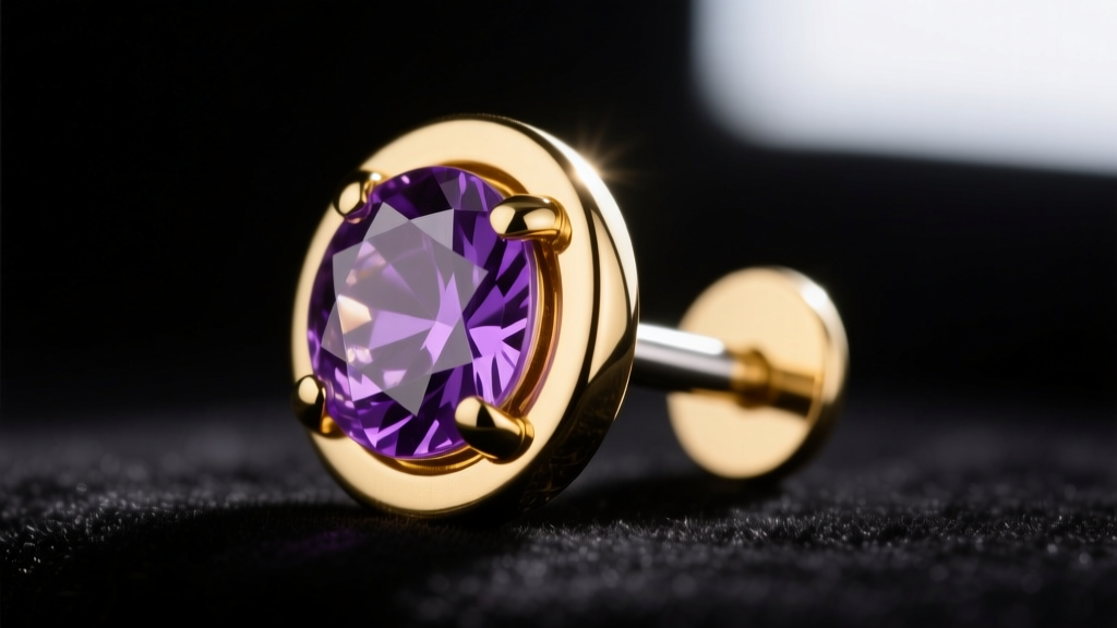 Macro view of 18k gold bezel holding a lavender amethyst stud, showing a 16-gauge post and secure silicone back on dark velvet.