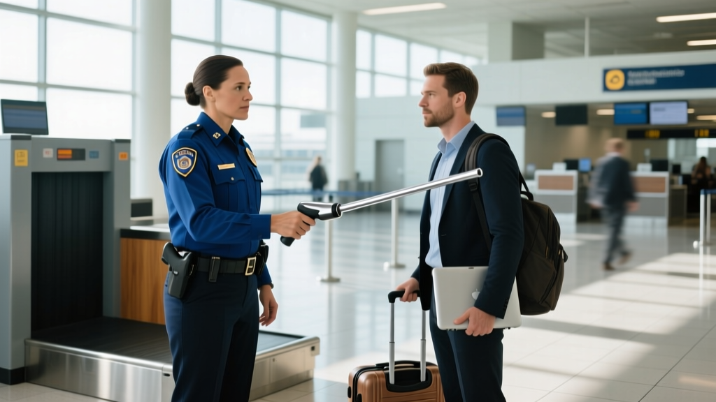 TSA agent using a handheld metal detector wand near a traveler's ear to check a large steel ear plug at a security checkpoint