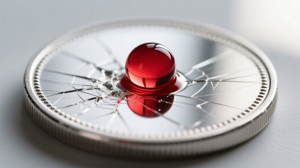 Drop of silver acid on a scratch mark on a silver coin, turning vibrant blood-red to confirm sterling silver metal purity grade.