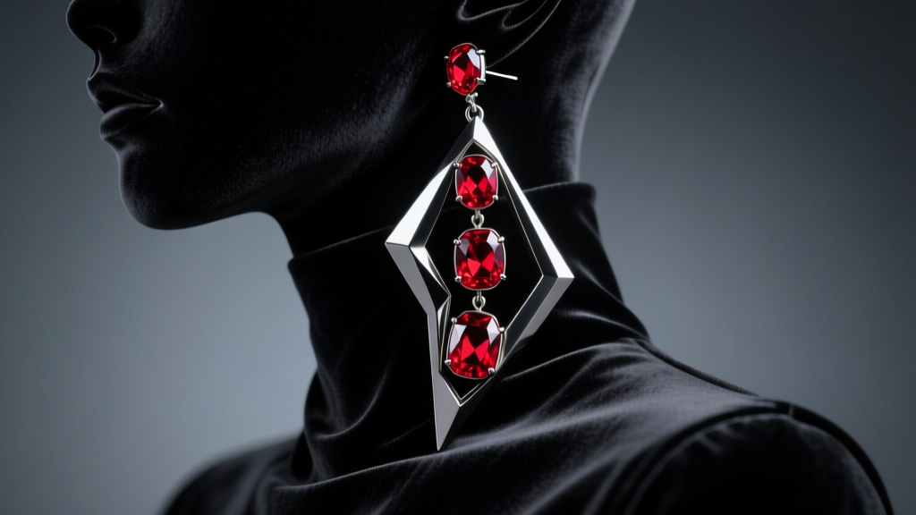 Dark titanium asymmetric anime earring with crimson gems on a black velvet cosplay bust under moody studio lighting