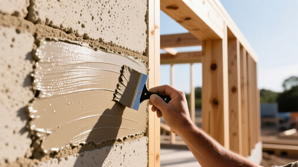 Close-up of textured hempcrete wall being troweled smooth next to a modern timber frame in a brightly lit sustainable construction site