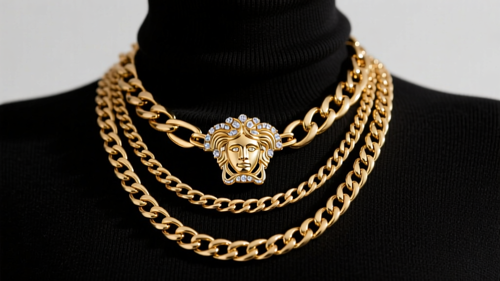 Gold Versace Cuban and Figaro chains layered on a black turtleneck, showing a pavé crystal Medusa clasp in sharp studio focus.
