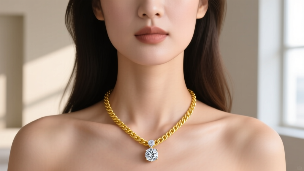 Close-up of a woman wearing a 20-inch 18k yellow gold rope chain with a diamond solitaire pendant resting on her collarbone.
