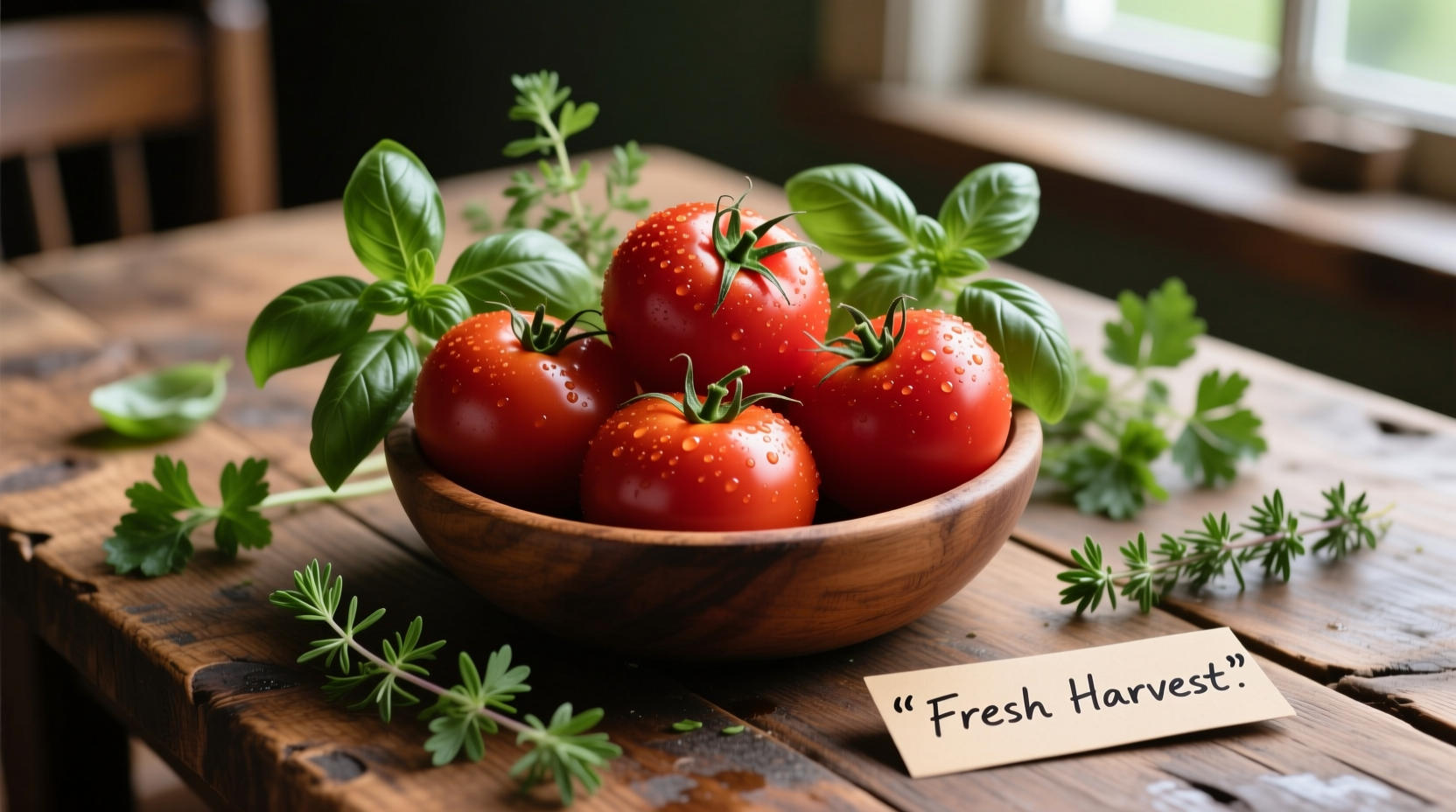 Fresh tomatoes on wooden table with herbs