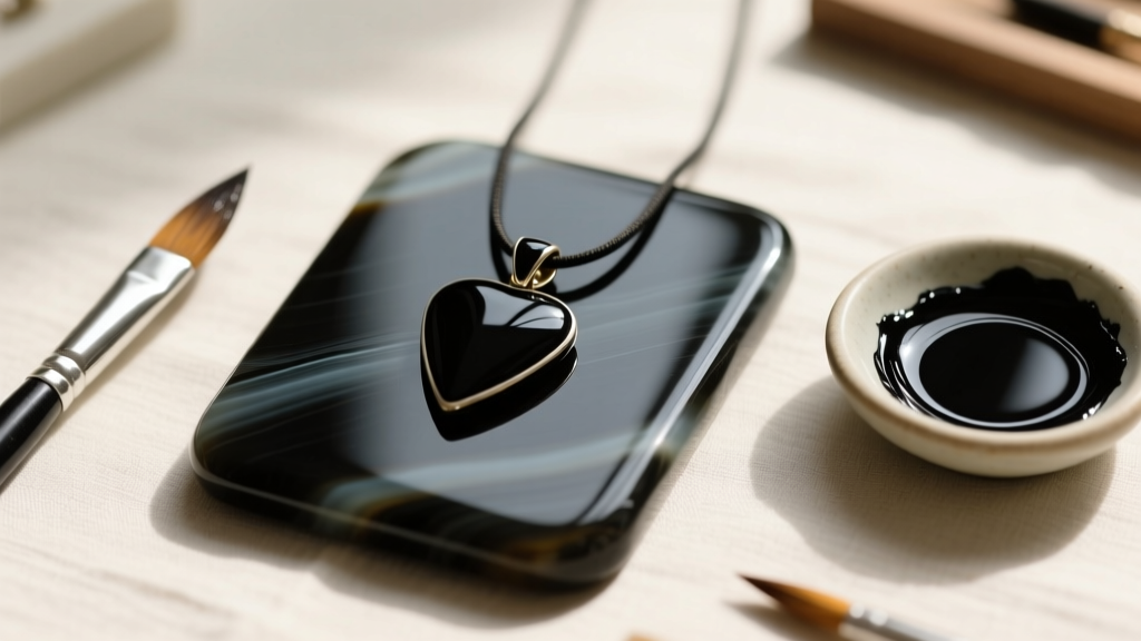 Jeweler workbench displaying a black enamel pendant, a fine-tip brush, and black glass paint, captured from a top-down angle