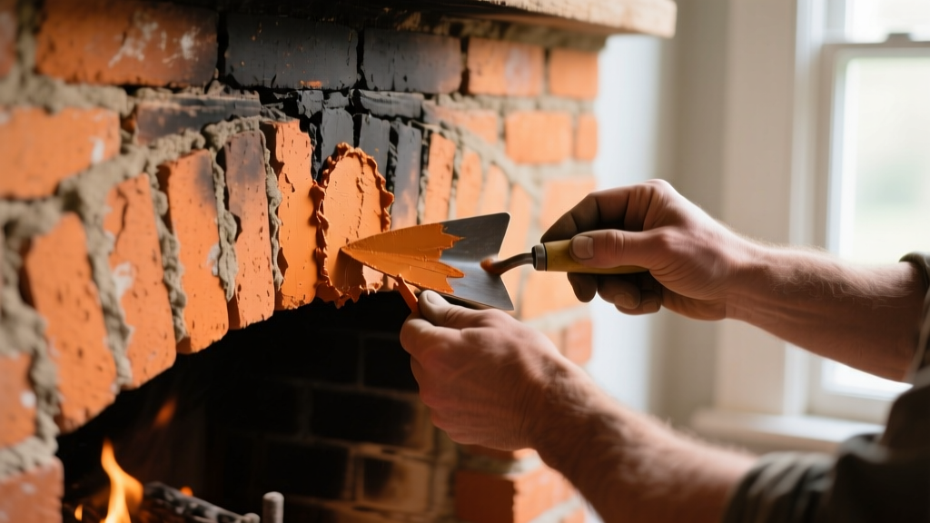 Close-up of a mason tuckpointing deteriorated refractory mortar joints between orange fireclay bricks inside a residential masonry fireplace firebox.