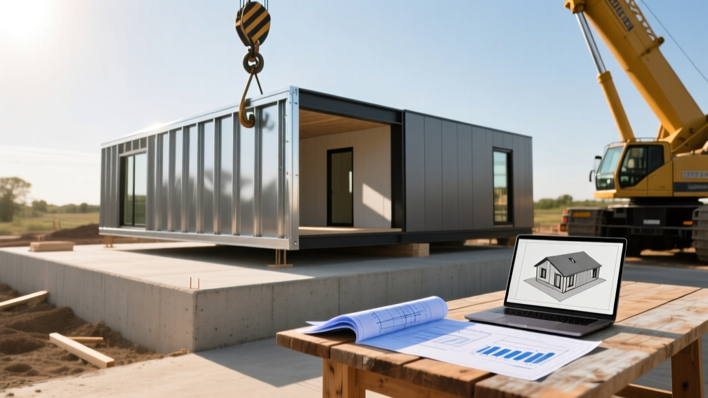 Modular prefab home sections being craned onto a concrete foundation with financial blueprints and a laptop visible on a nearby table
