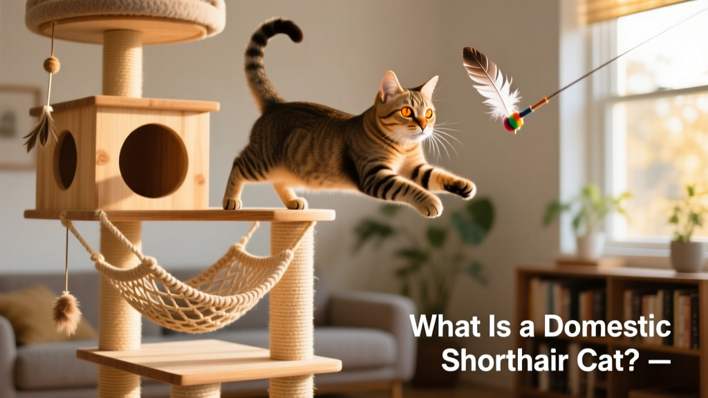 A domestic shorthair playing with a feather wand toy while perched on a multi-level cat tree with hammocks and hiding spots