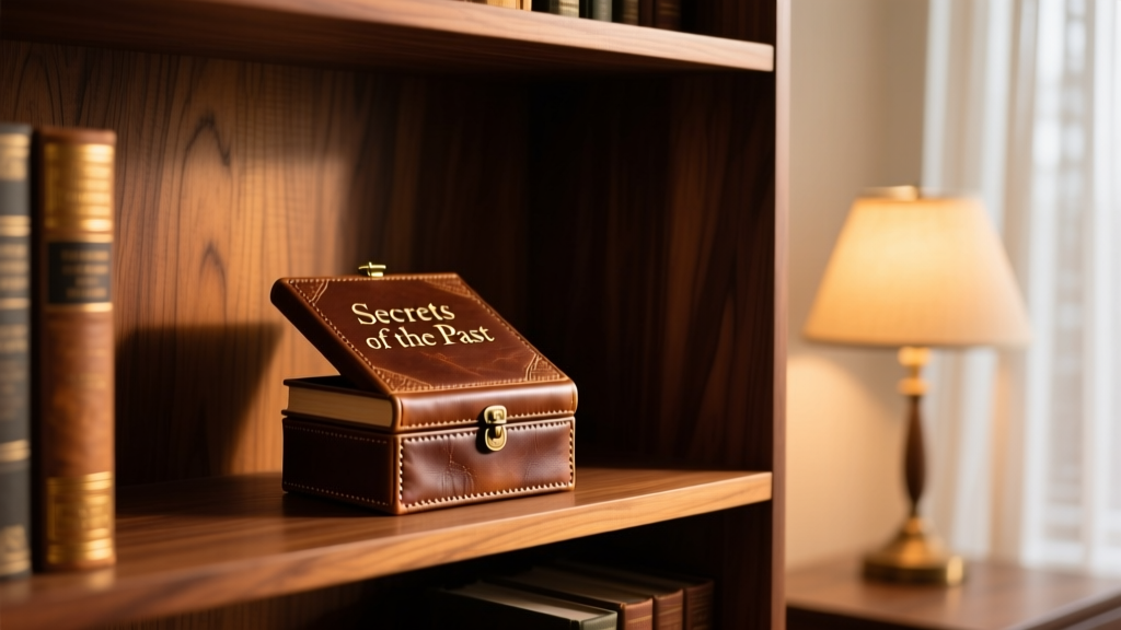 Wooden bookshelf featuring a faux-leather jewelry box book disguised as a vintage novel, illuminated by soft warm ambient lighting