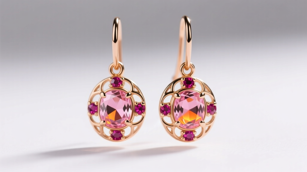 Macro shot of 14k rose gold drop earrings with bezel-set padparadscha sapphire and spessartite garnet, studio lighting