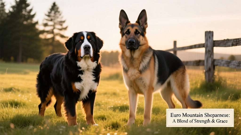 Side-by-side comparison showing a Bernese Mountain Dog and a German Shepherd, highlighting physical similarities to the Euro Mountain Sheparnese