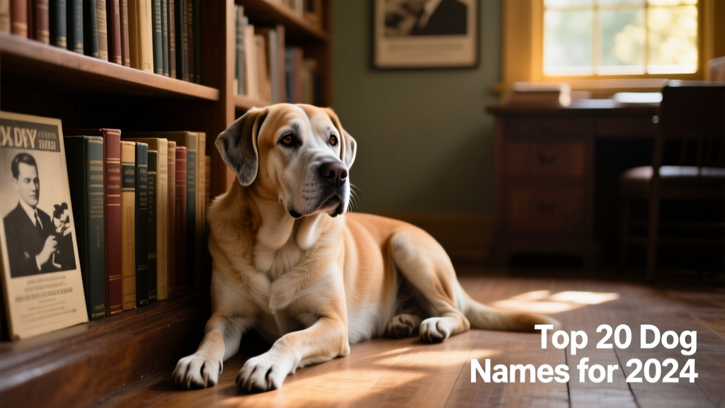 A serene, thoughtful-looking senior dog resting beside a bookshelf filled with storybooks and vintage film posters