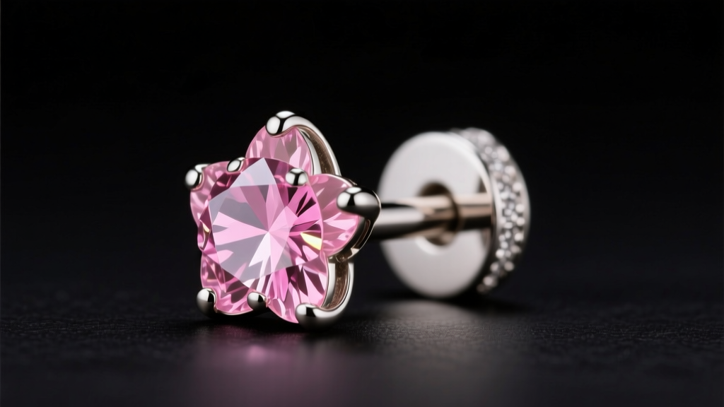 Close-up of 16-gauge titanium helix stud with lab-grown pink sapphire cherry blossom, soft studio lighting on a dark backdrop.