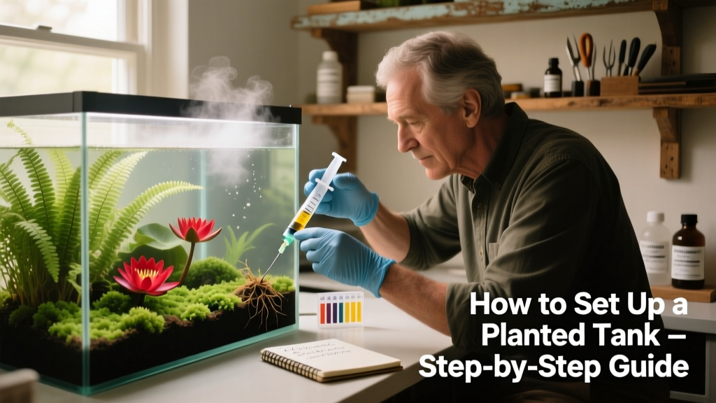 Aquarium owner carefully using a syringe to dose liquid fertilizer near plant roots in substrate, with hands wearing gloves and a clean workspace visible