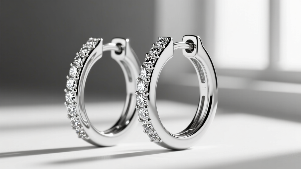 Side profile of 18k white gold diamond huggie hoops, showcasing the hidden hinge mechanism and secure click-clasp closure details