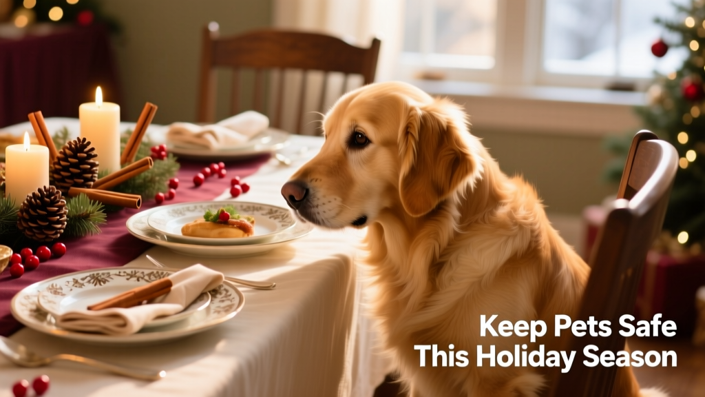 A curious dog sniffing near a festive dining table with covered dishes and holiday centerpieces