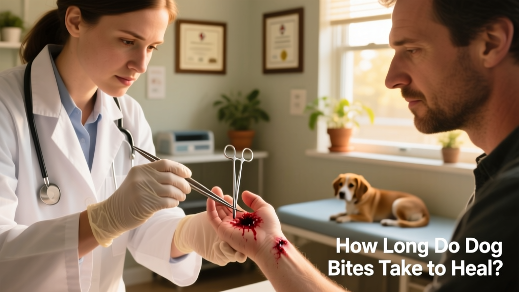 A veterinarian examining a dog bite wound on a patient’s hand, wearing gloves and using sterile instruments