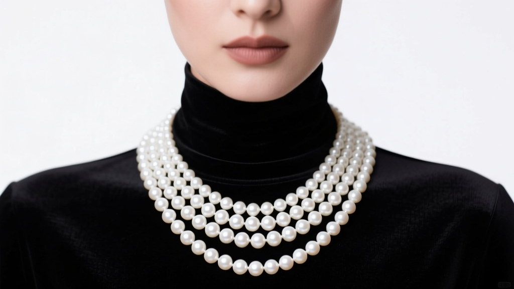 Woman wearing a 36-inch white freshwater pearl opera necklace over a black turtleneck, soft studio lighting, chest close.