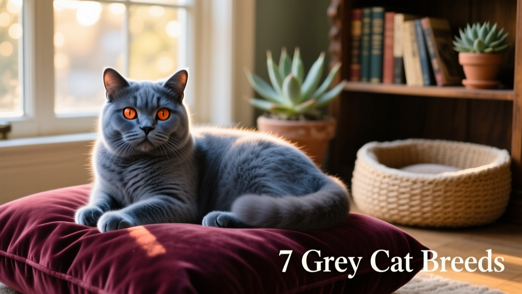 British Shorthair cat lounging on a velvet cushion, displaying its thick blue-grey coat and striking copper eyes