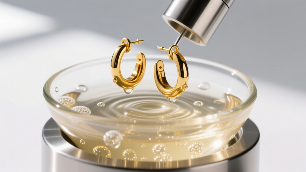 Close-up of a stainless steel ultrasonic jewelry cleaner vibrating a pair of 14k gold huggie earrings in a mild soapy solution