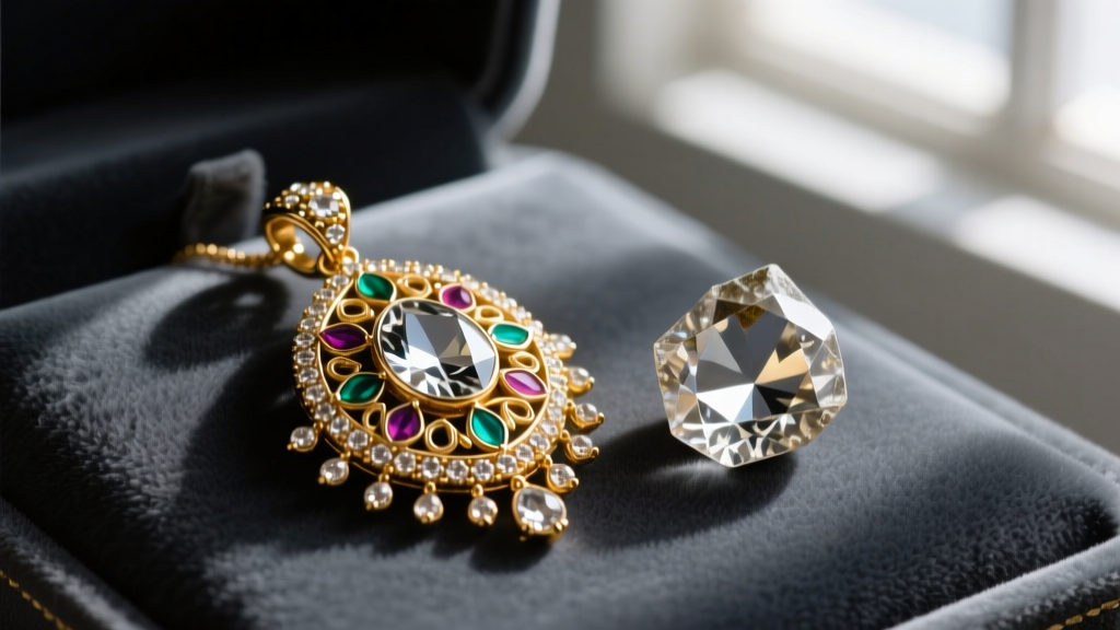 View of a glass-foiled Kundan pendant and an uncut Polki diamond pendant resting on a dark grey velvet jeweler's display pad.
