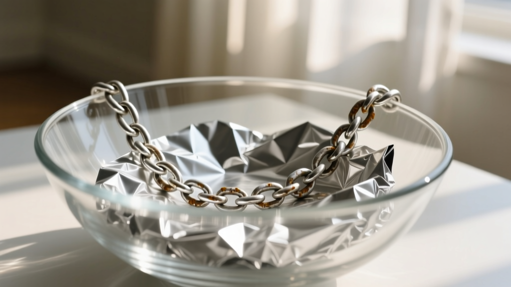 Close-up of a tarnished 925 sterling silver chain resting on crumpled aluminum foil inside a clear glass bowl, soft natural light