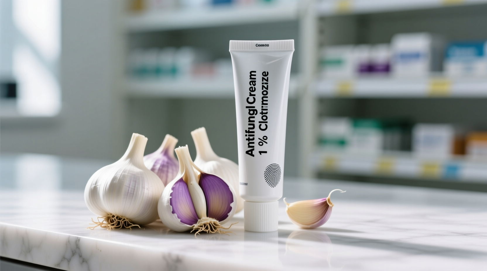 Garlic cloves next to medical antifungal cream