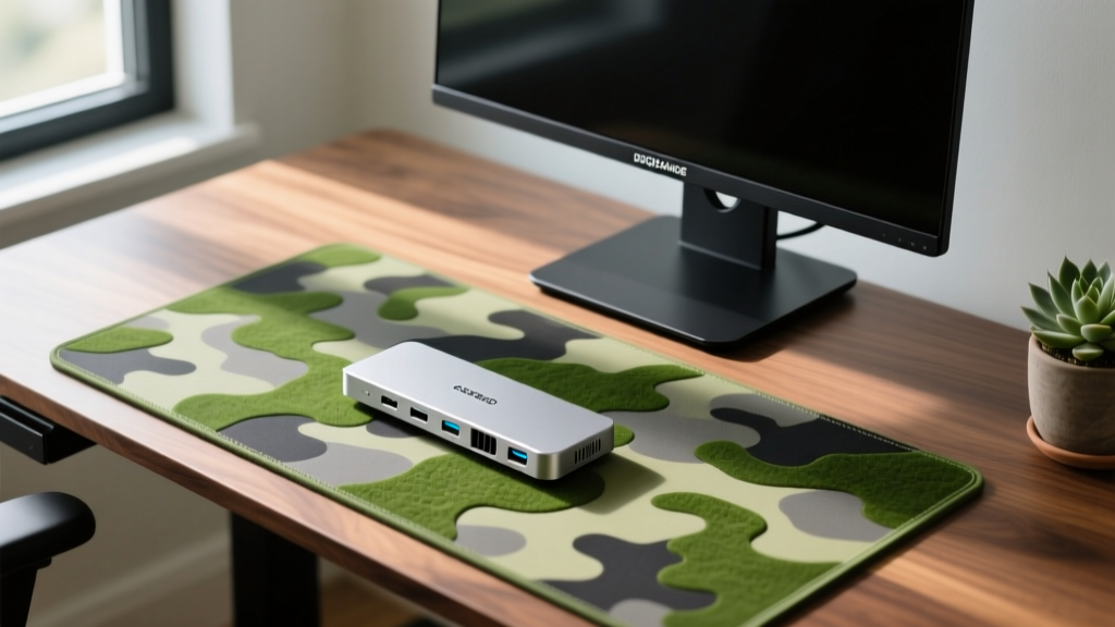 Overhead shot of the DSGN24MDE Moss Camo desk mat, monitor riser, and smart hub arranged on a walnut standing desk in natural light.