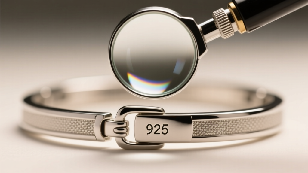 Macro shot of a loupe inspecting a 925 hallmark stamped on a silver bracelet clasp under bright, focused LED studio lighting.
