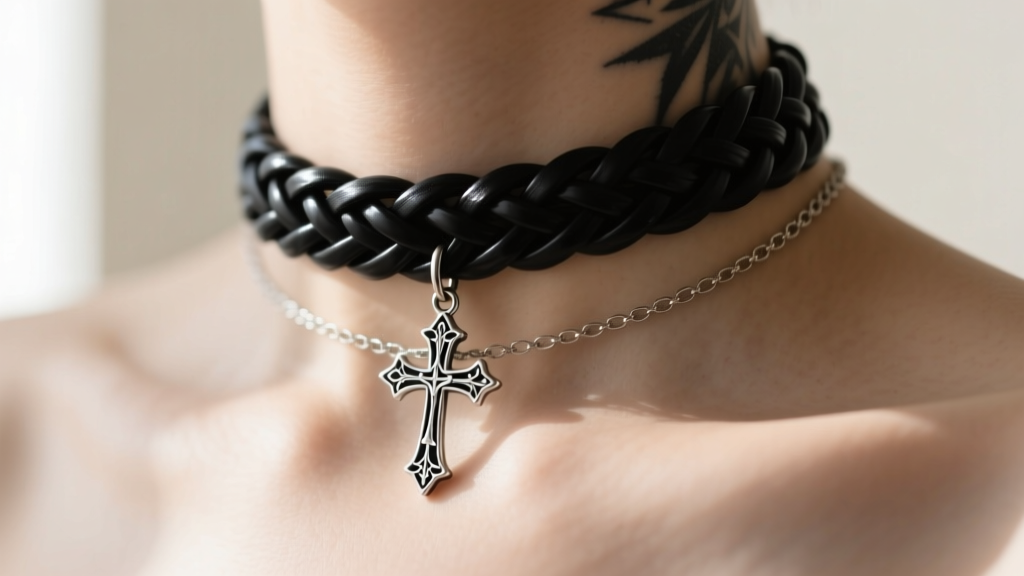 Close-up of a black woven plastic tattoo choker necklace featuring a small silver gothic cross pendant resting on a collarbone.