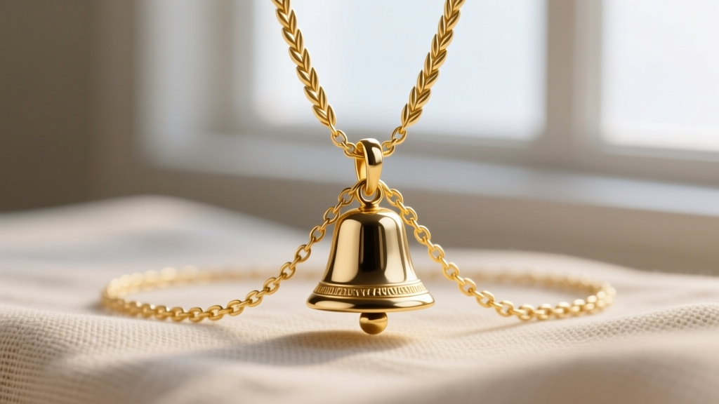 A 2mm 14k yellow gold wheat chain threaded through the bail of a sleigh bell pendant, displayed on a neutral linen background