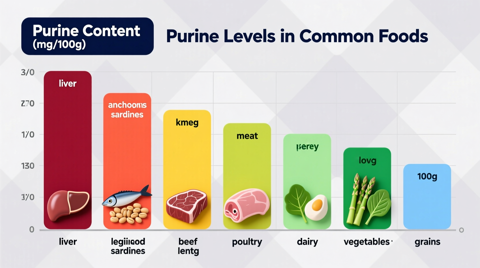Colorful chart showing purine content in various food groups