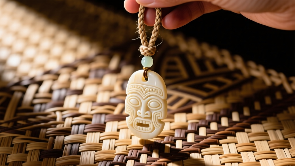 High-angle shot of a Lei Niho Palaoa pendant carved from pale bone, suspended on a braided cord against woven lauhala matting.