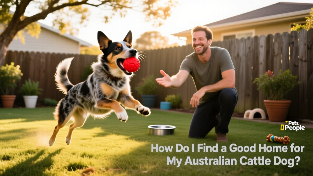 Australian Cattle Dog playing fetch in a fenced backyard with a smiling adult nearby