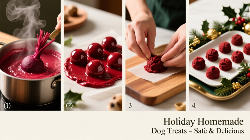 Step-by-step collage showing beet boiling, blending, rolling truffles, and final presentation on a holiday-themed tray