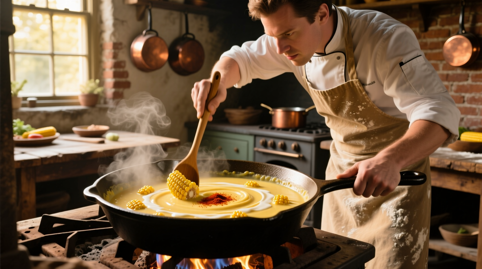 Chef stirring creamy corn in cast iron skillet
