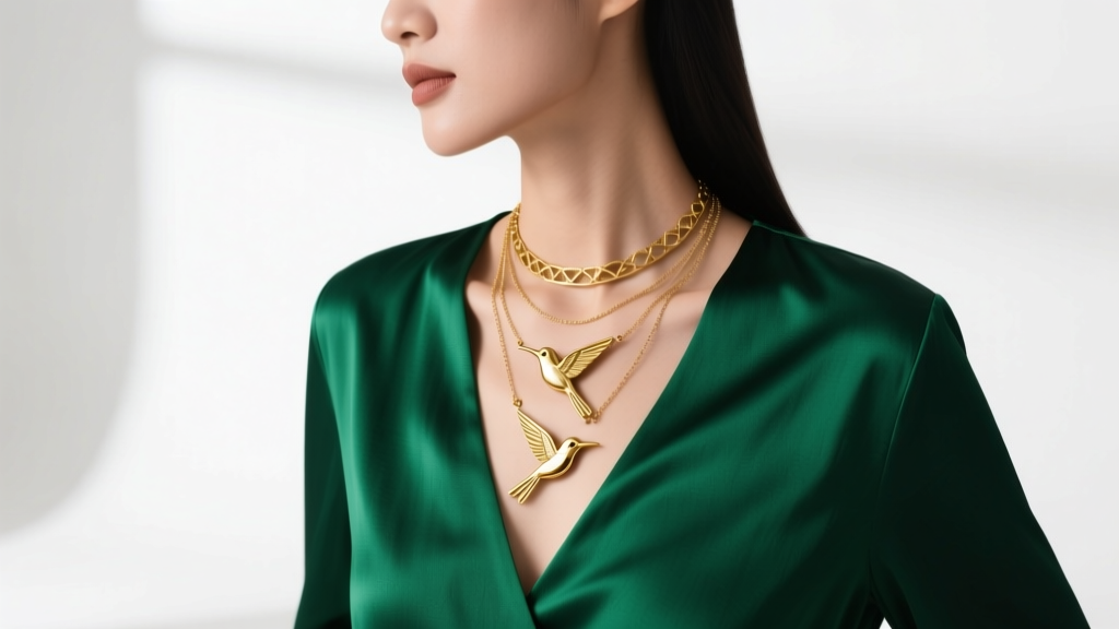 Woman wearing layered gold bird necklaces with a hummingbird and sparrow, styled with a deep V-neck emerald green silk blouse.