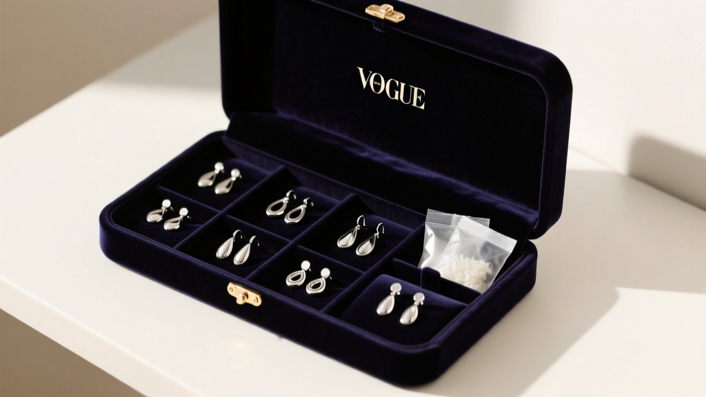 Velvet jewelry box with organized silver drop earrings, alongside anti-tarnish strips and silica gel packets in soft, warm lighting