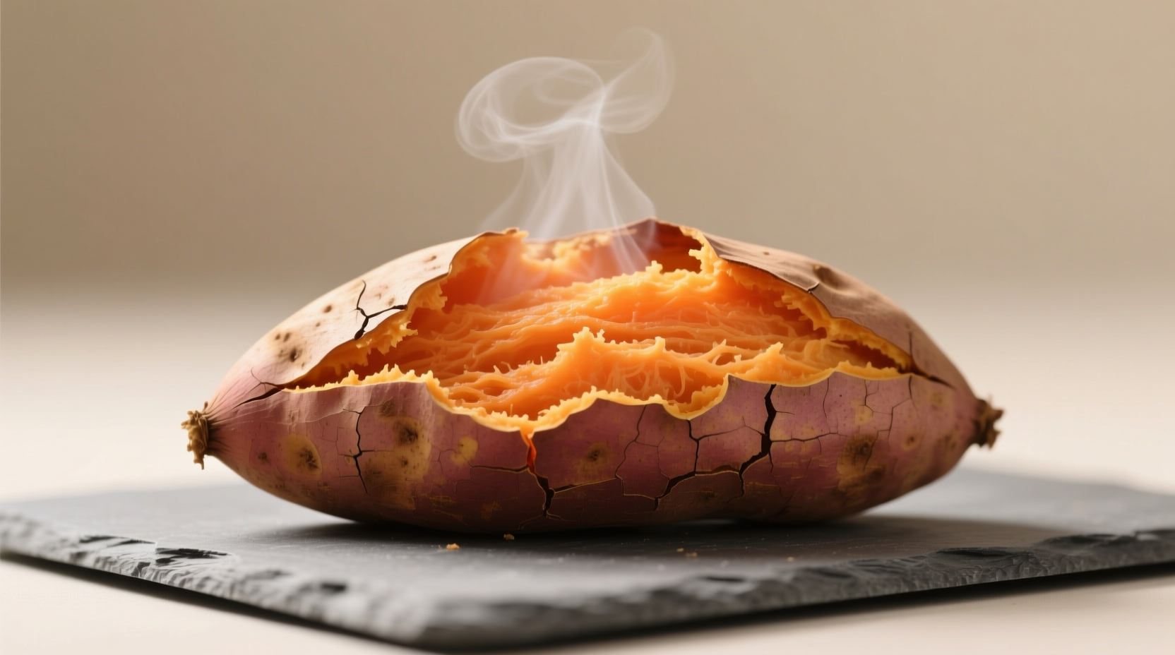 Baked sweet potato with intact skin showing crisp texture, served on a wooden board with herbs