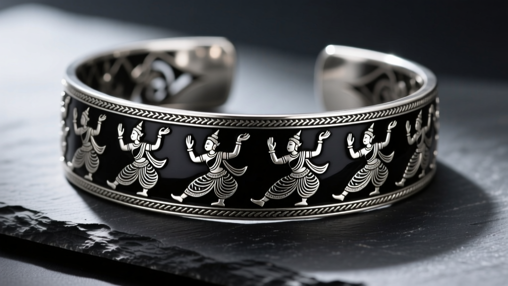 Close-up of a vintage Siam sterling silver bracelet with black niello inlay depicting Thai dancers, resting on dark slate.