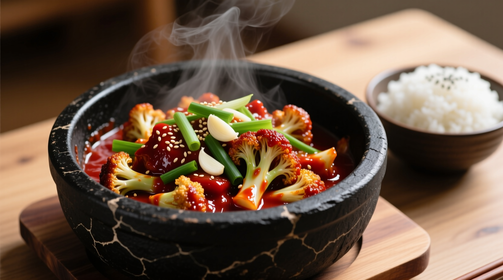 Korean-style gochujang cauliflower bokkeum in black stone pot
