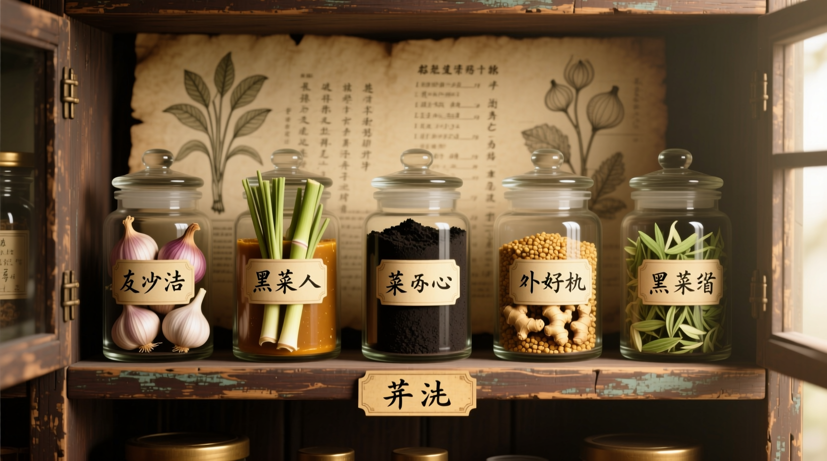 Various garlic substitute ingredients in glass jars