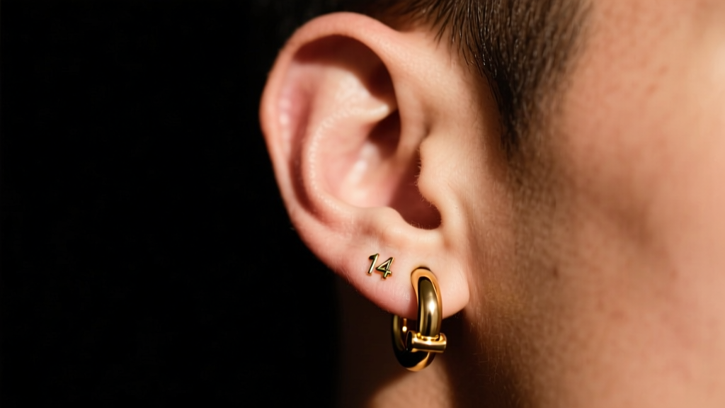 Close-up of a male ear wearing a thick 14-gauge gold large hoop earring, showing the hinged clasp against a dark studio backdrop