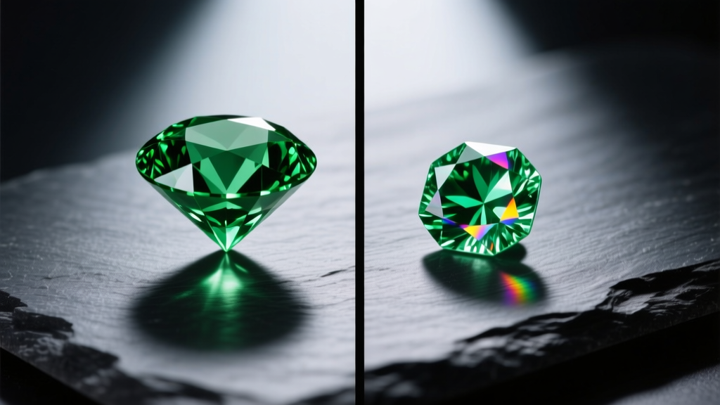 Split-view comparison of a natural green diamond and a green moissanite simulant resting on dark slate under dramatic spotlighting.