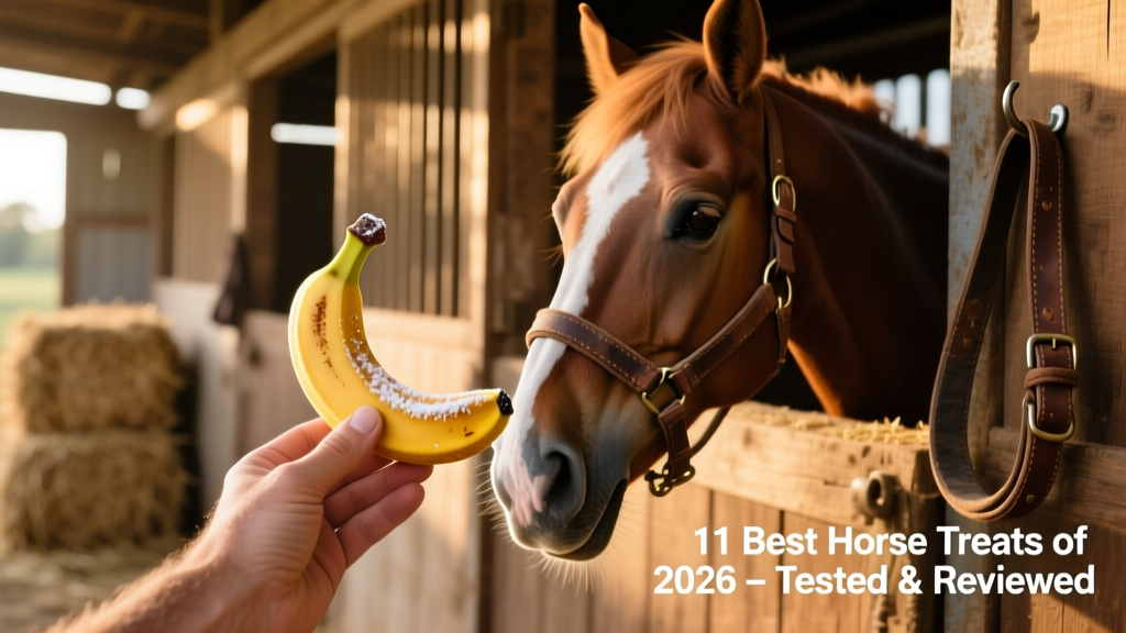 A hand offering banana-shaped treats to a relaxed horse in a stable setting