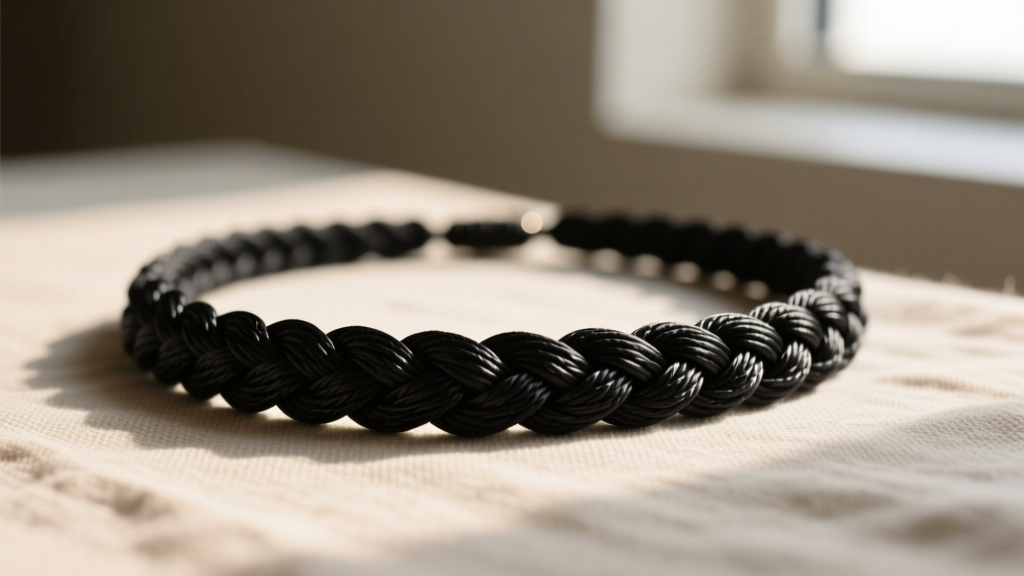 Close-up of a braided black waxed cotton cording necklace resting on a textured linen surface with soft natural window lighting