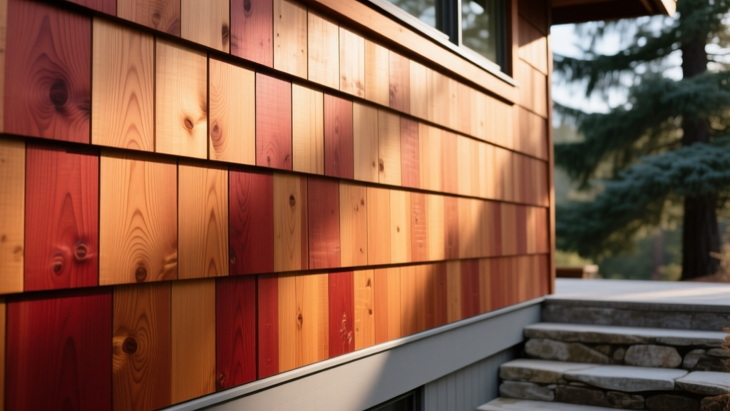 Close-up of overlapping western red cedar bevel siding with a semi-transparent oil stain installed on a modern craftsman home exterior