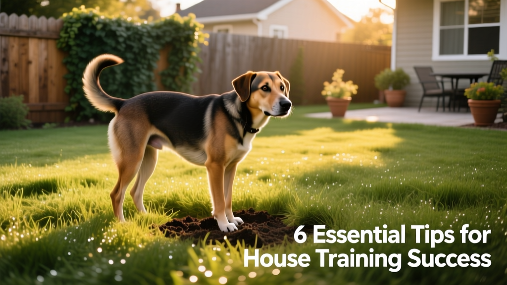 A calm, confident adult dog relieving themselves on grass in a sunny backyard